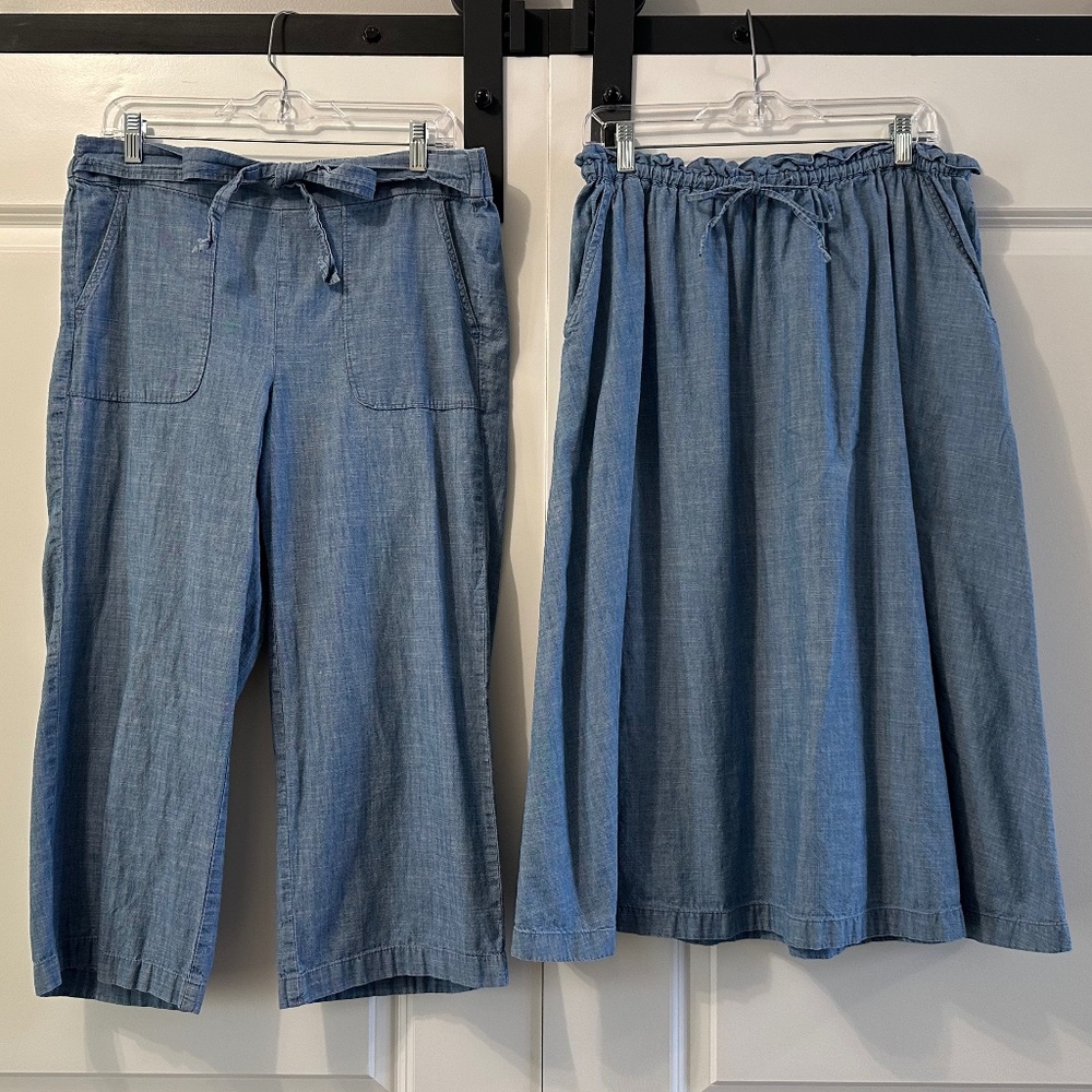 Women’s J Crew Factory Chambray Cropped Pants (12) & Midi Skirt (L)